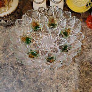 Studio Nova frosted art glass bowl with a green and amber leaf motif